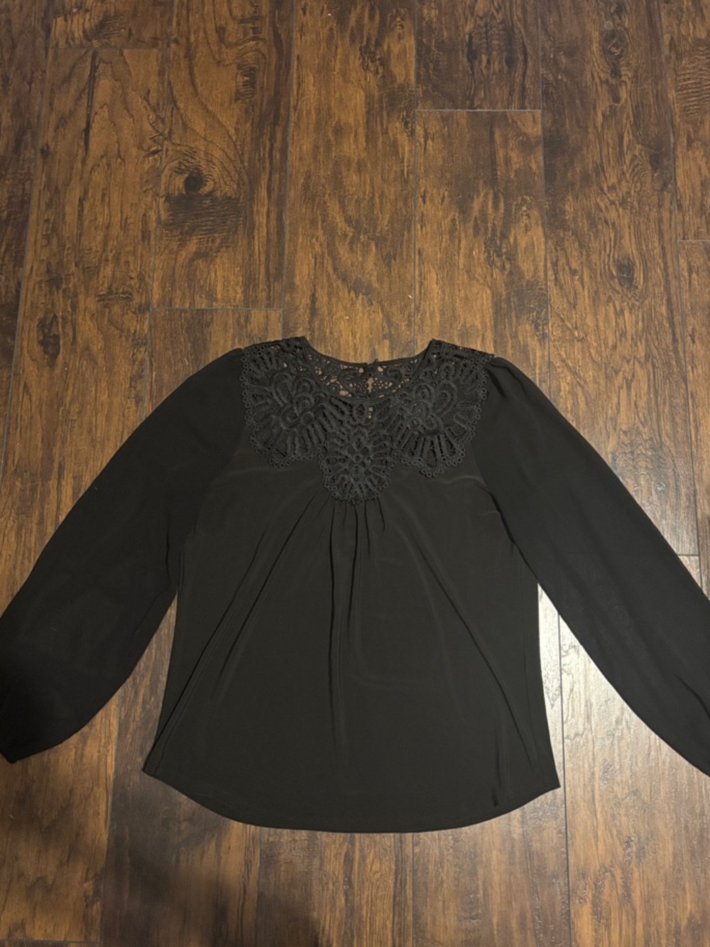 Women’s White House Black Market Long Sleeve Black Blouse with Crochet Neckline
